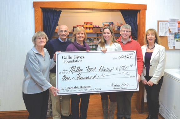 Milton Community Food Pantry check presentation attendees shown are (l-r) MCFP Director Barbara Wright, Special Projects Coordinator Tom DiOrio and President Donna Murawski; and Gallo Gives Foundation committee members Megan Honeysett, Turner Hastings and Tricia Ratner.